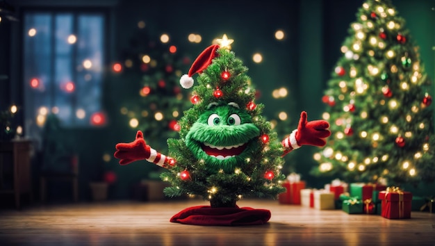 Christmas concept in a room with small lit tree with a Grinch smiling face against bokeh background