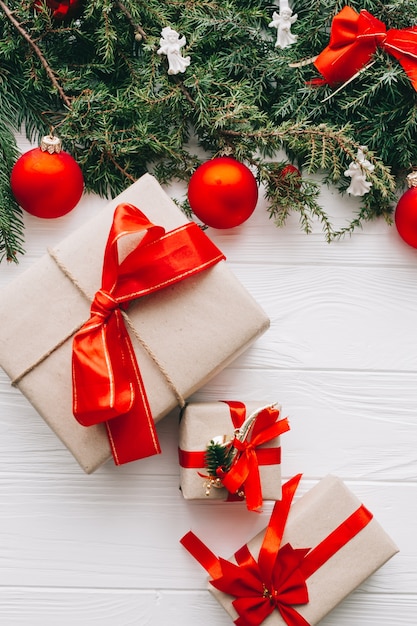 christmas concept. toys and presents on wooden background