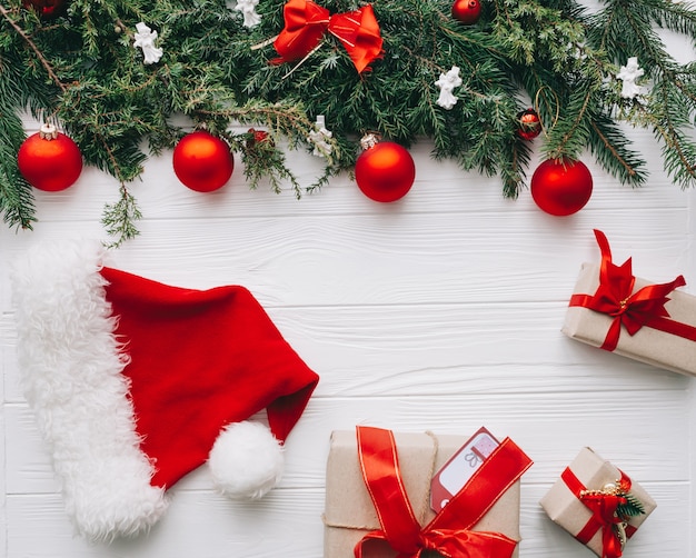 christmas concept. toys and presents on wooden background