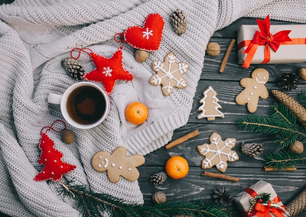 christmas concept. toys and presents on wooden background