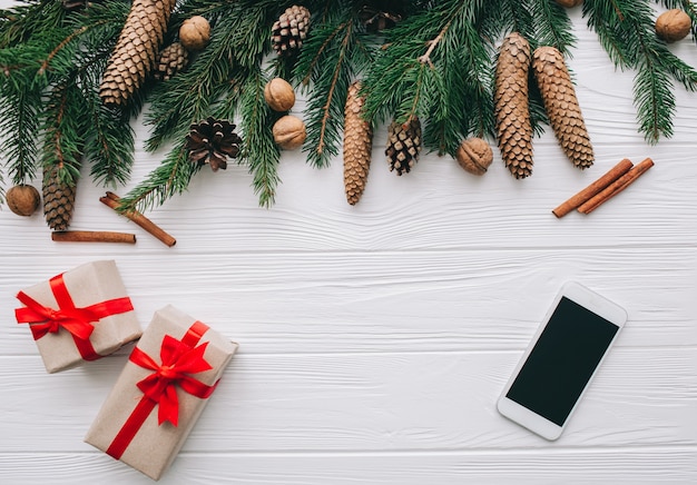 christmas concept. toys and presents on wooden background