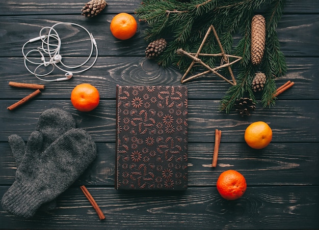 christmas concept. toys and presents on wooden background