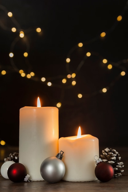 Photo christmas concept with candles and globes