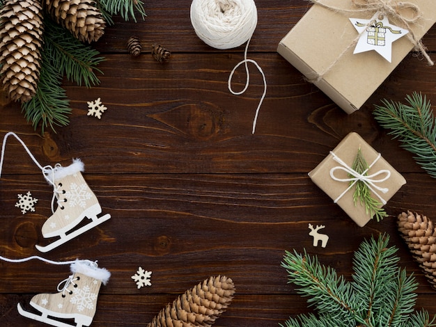 Photo christmas concept on wooden table with copy space