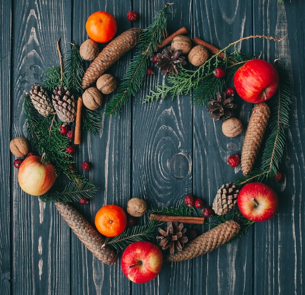 christmas concept. wreath on wooden background