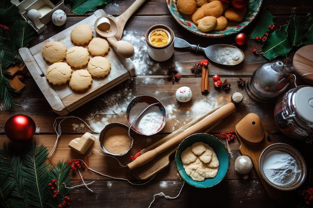 축제 장식과 재료로 크리스마스 쿠키 굽기