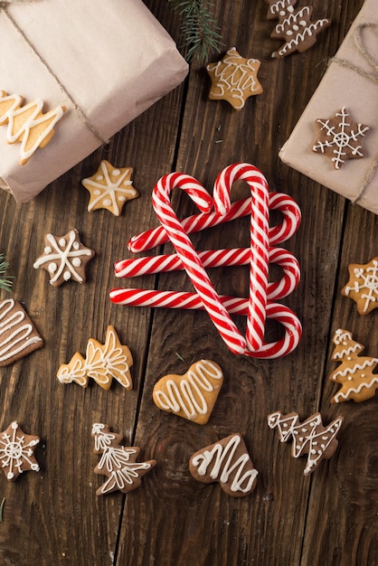 Christmas cookie and candy on wood food top view