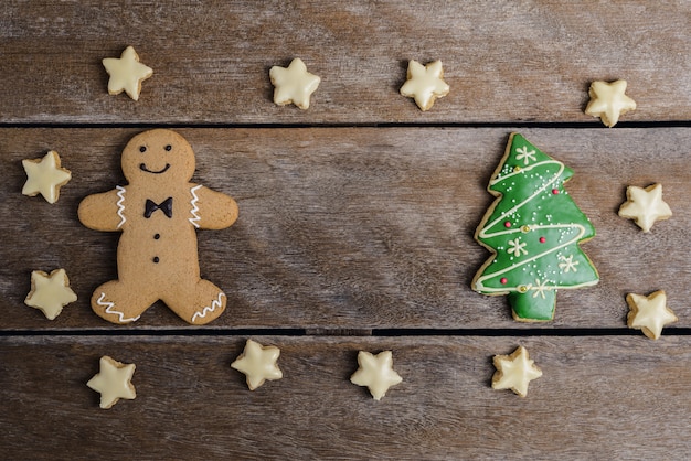 Christmas Cookie, New Year in shape of Gingerbread man, Christmas tree, Snowflake, star on