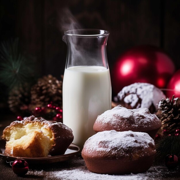 어두운 배경의 나무 판자에 크리스마스 쿠키와 우유 한 병