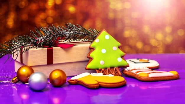 Christmas cookies and a box with a Christmas present on a blurred background with bokeh