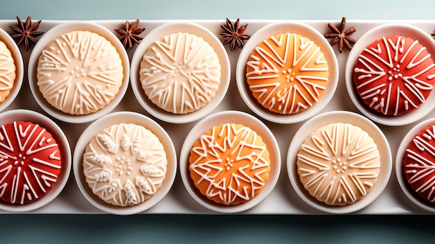 Christmas cookies decorated with white frosting in the form of snowflakes Happy christmas