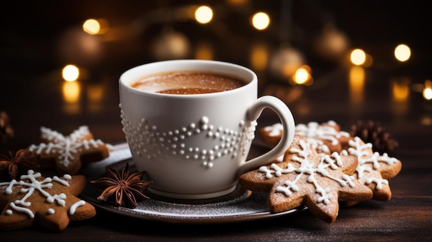 クリスマス クッキーおいしいおやつお祝いの飾りとココアのカップ