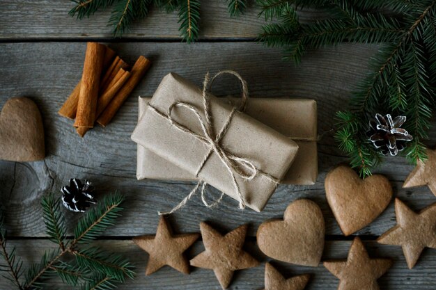 Christmas cookies and gifts, top view, christmas background