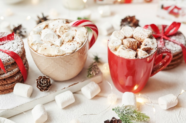Рождественское печенье, молоко, какао, зефир, конфеты на белой тарелке у окна