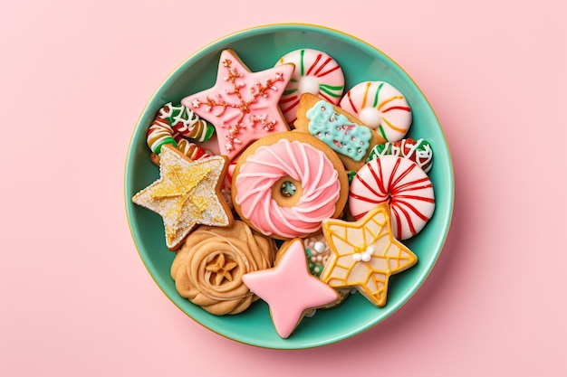 Christmas cookies in plate on pink background