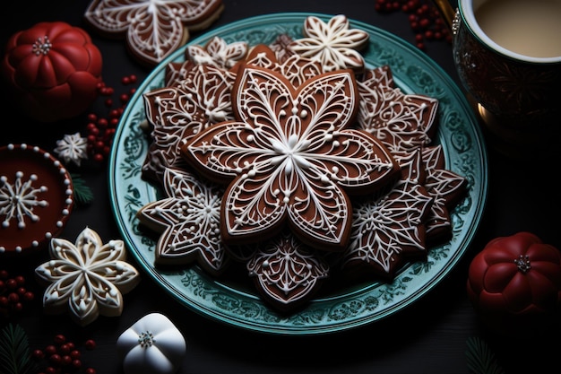 Christmas cookies on a plate with a cup of coffee ai