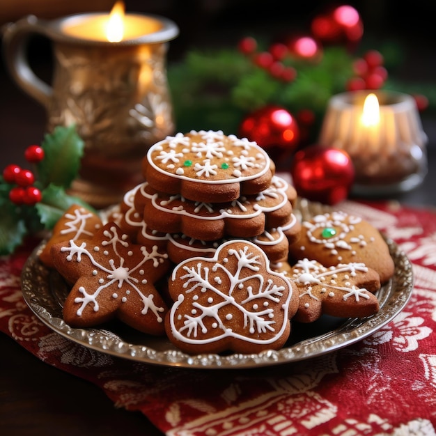 Christmas cookies on a plate on a wooden table closeup