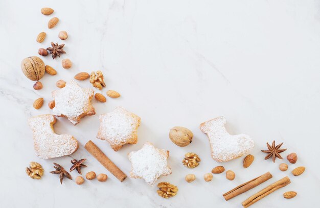 Christmas cookies on white marble table