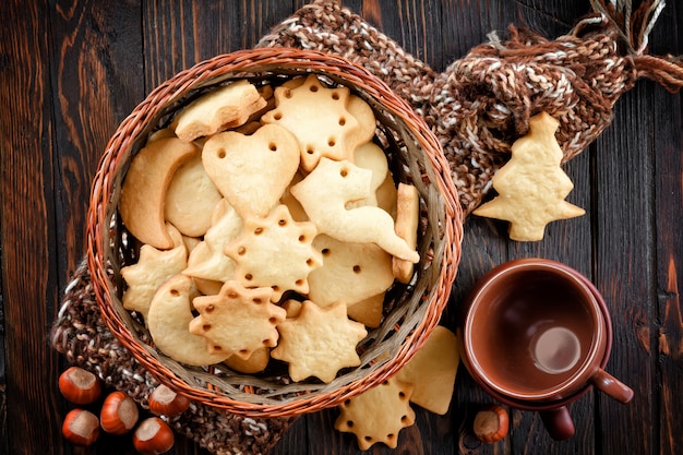 Christmas cookies in a wicker bowl