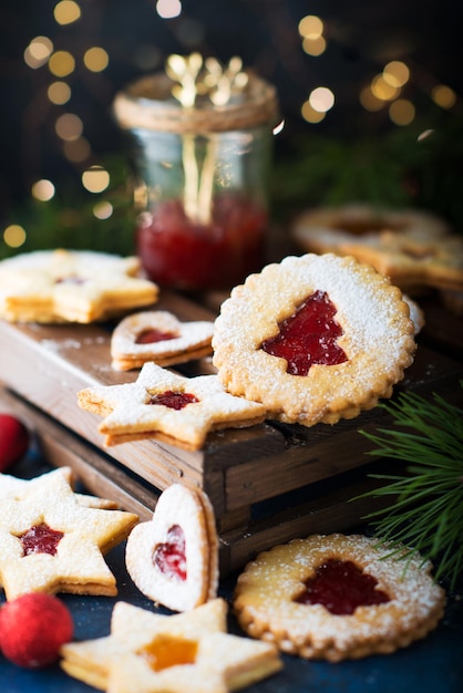 Christmas cookies with jam. A popular Austrian cookie is Linz cookies. Selective focus.