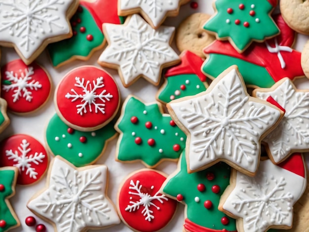 Photo christmas cookies with white icing and red and green decorations