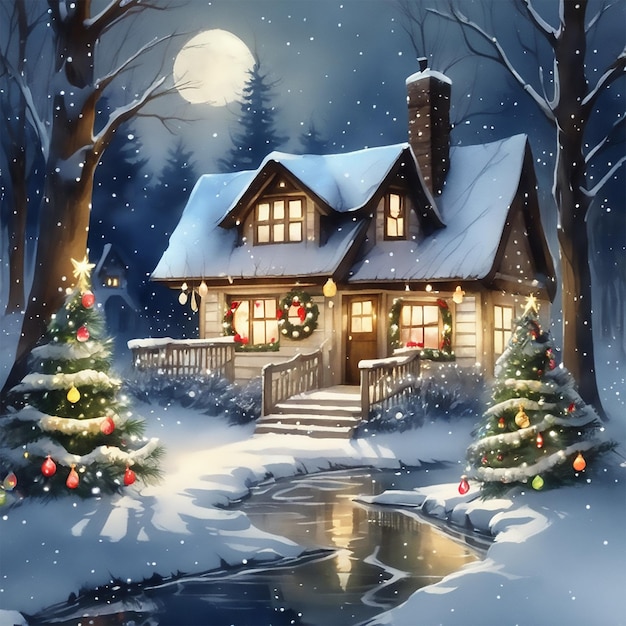 Christmas cottage with christmas lights and chrismas tree in the forest in winter with snow moonlig