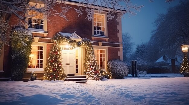 Christmas in the countryside manor english country house mansion decorated for holidays on a snowy winter evening with snow and holiday lights merry christmas and happy holidays design