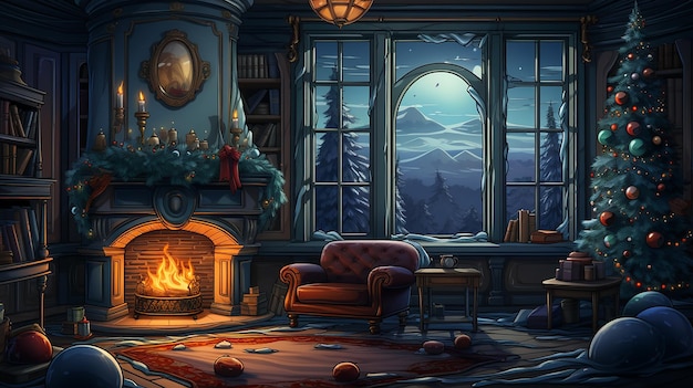 Photo christmas cozy fireplace living room 2d cartoon illustration