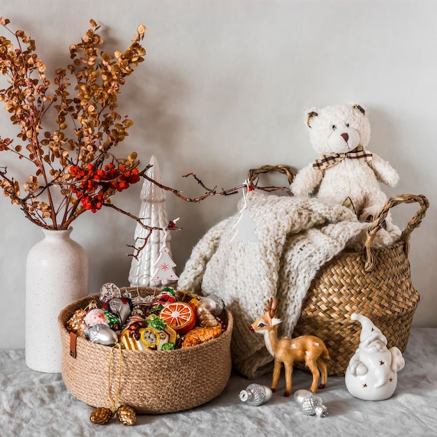 Christmas cozy home Basket with knitted blanket christmas toy decorations Cozy Christmas interior