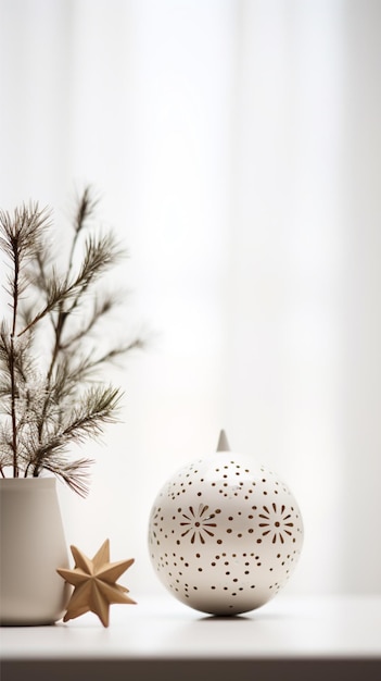 Фото Рождественская уютная зимняя домашняя декорация новый год интерьерные украшения зеленая елка ветвь в вазе декоративная