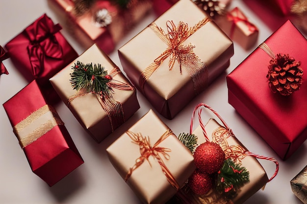 가문비나무 가지 콘과 공이 있는 크리스마스 공예 스택 선물 상자