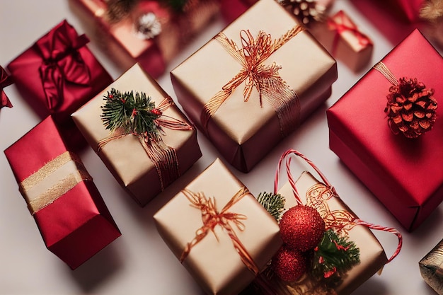 Christmas Craft Stack Gift Boxes With Spruce Branches Cones And Balls