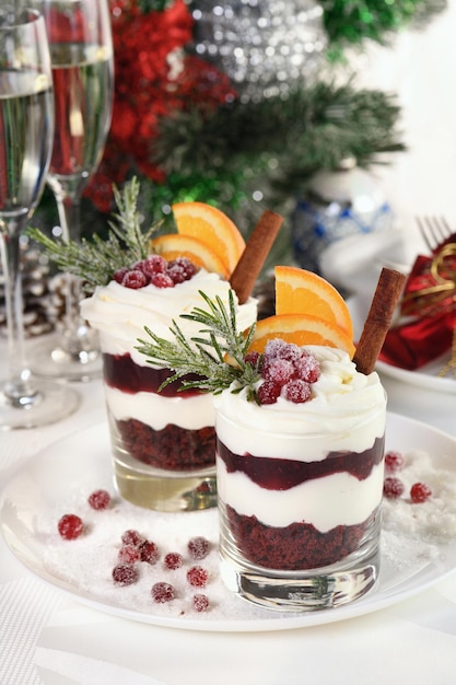 Christmas cranberry dessert tiramisu with mascarpone and whipped cream chocolate biscuit crumble