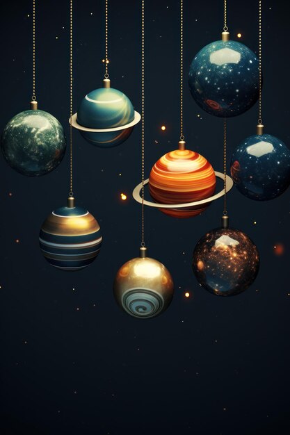 Christmas creative ball like planets on dark black background Solar space system Generative AI