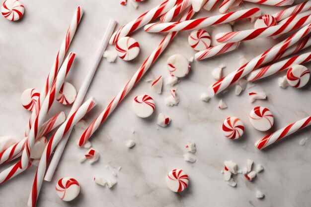 白い表面に粉 ⁇ されたクリスマスのキャンディー 壊れた祭りの赤い杖と丸いキャンディーデザート