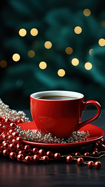 Christmas cup against the background of a Christmas tree New Year's