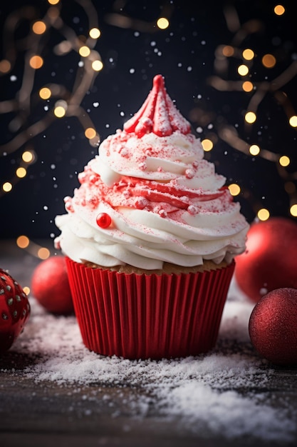 Christmas Cupcake with fluffy red and white Frosting Fairy light bokeh background with baubles