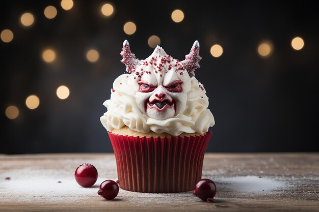 Christmas cupcake with red devil horns and snow on wooden table ar c v