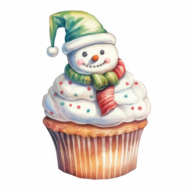 Christmas cupcake with snowman isolated on white background Watercolor illustration