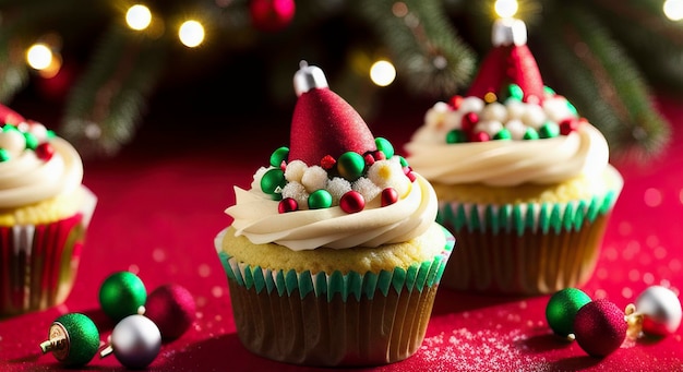 Christmas cupcakes with a christmas tree in the background
