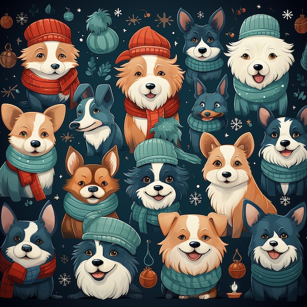 Christmas cute cartoon seamless pattern dog wearing santa hat background desktop wallpaper