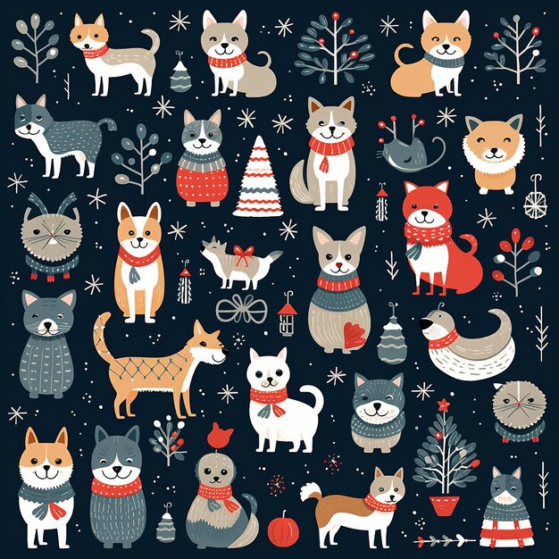 Photo christmas cute cartoon seamless pattern dog wearing santa hat background desktop wallpaper