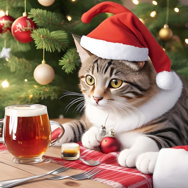맥주를 먹는 크리스마스 귀여운 고양이 나무 테이블에서 와인을 마시는 고양이 고양이 머리에 크리스마스 모자