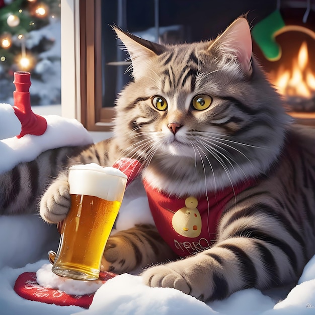 Christmas cute cat eating beer cat drinks wine in the wood table Christmas hat on the cat's head