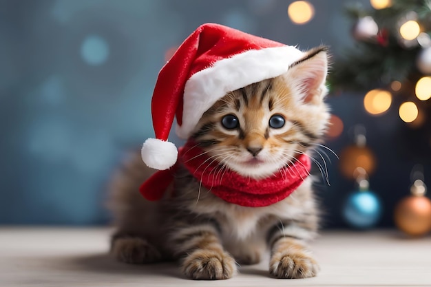 Фото Рождественский милый котенок, одетый в ай.