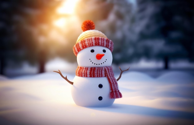 Рождественский милый снежный человек на снежном пейзаже