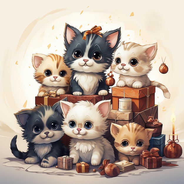 Christmas cute winter cat cartoon vintage background wallpaper