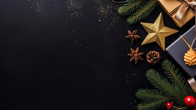 Photo christmas dark black background with beautiful texture and golden gift box