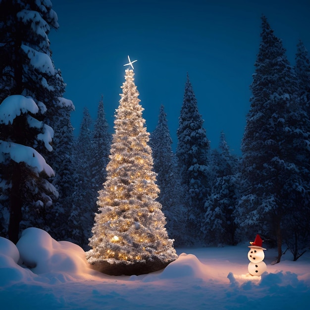 クリスマスの日のクリスマス ツリーの装飾ギフト スター ボールの色雪だるまの背景雪松の森のクローズ アップ夜の照明イラスト アート