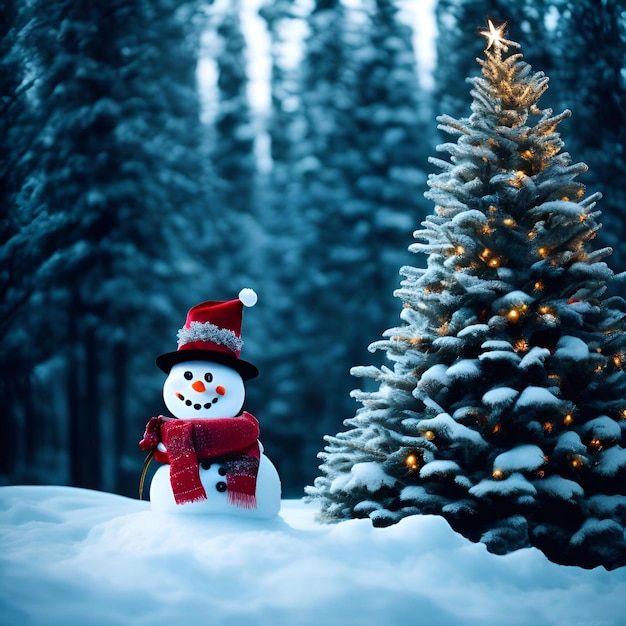 クリスマスの日のクリスマス ツリーの装飾ギフト スター ボールの色雪だるまの背景雪松の森のクローズ アップ夜の照明イラスト アート